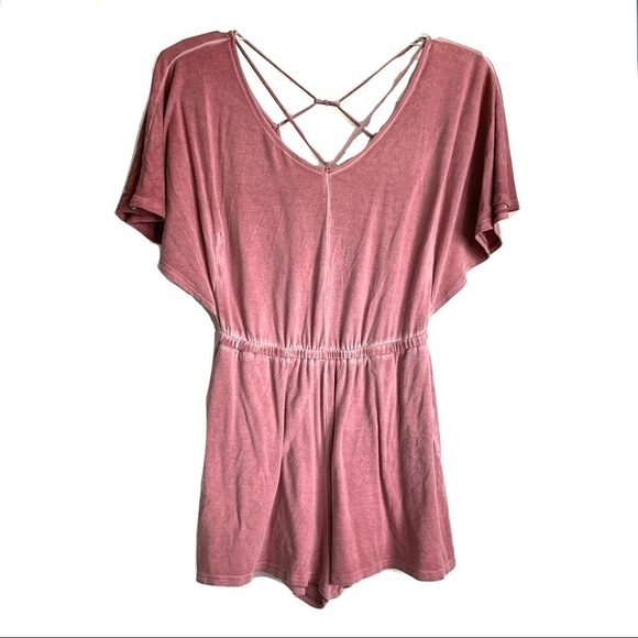 American Eagle Romper Deep Blush Pink Soft Stretchy Shorts Open Back Women sz XS - Picture 1 of 9